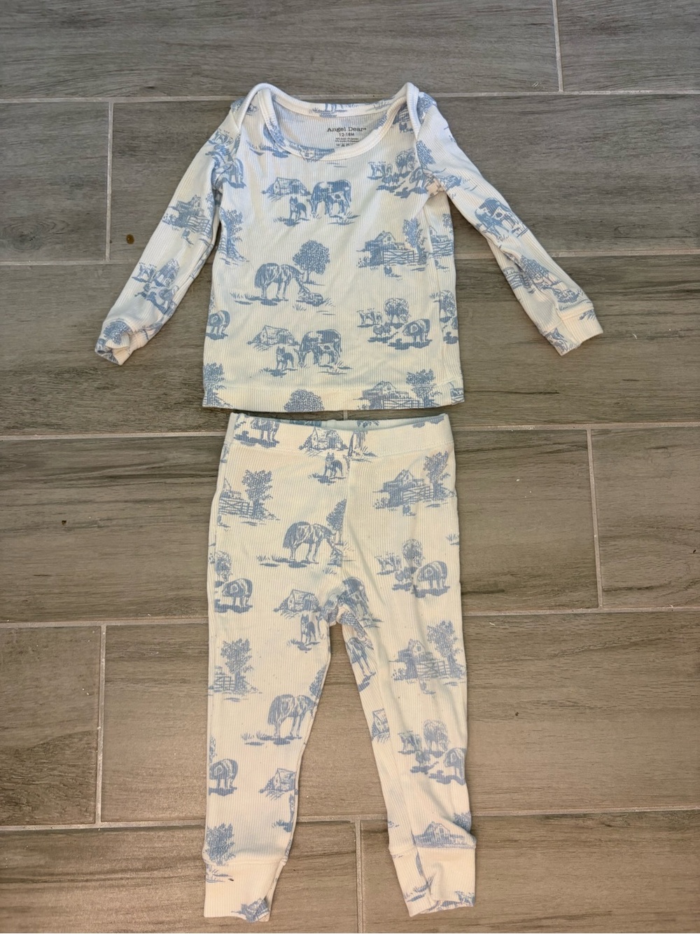 Angel Dear Bamboo Ribbed Pajamas Set Blue Toile Farmhouse 12-18M